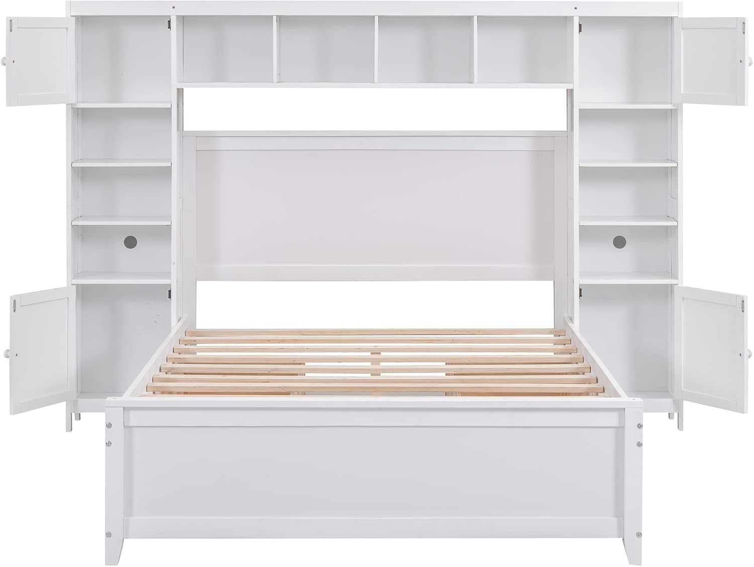 Harper & Bright Designs Full Size Platform Bed with Bookcase Headboard and 4 Storage Drawers, Solid Wood Bed Frame with Cabinet and Bookshelf, No Box Spring Needed - White