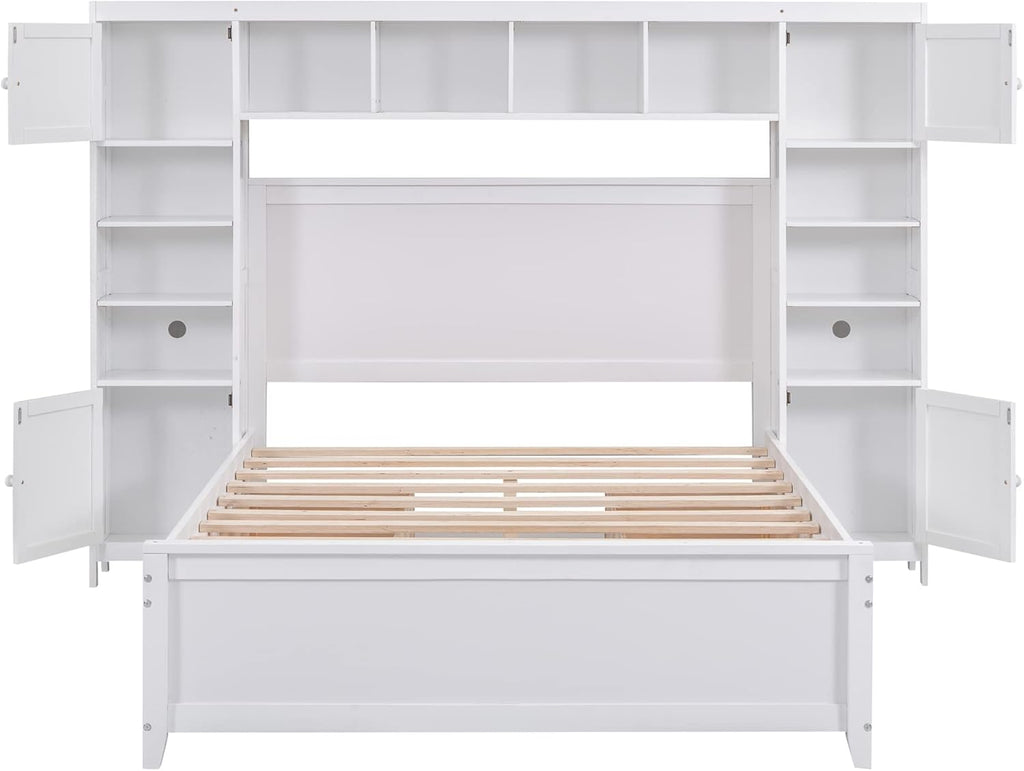Harper & Bright Designs Full Storage Bed with Bookcase Headboard, Full Size Platform Bed with 4 Storage Drawers, Solid Wood Full Bed Frame with Cabinet and Shelf, No Box Spring Needed, White