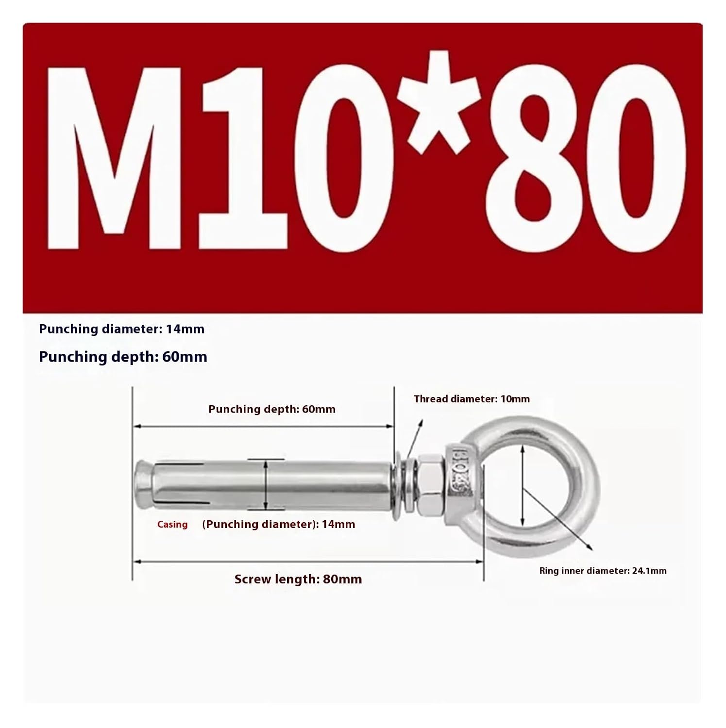 Anchor Bolts,Expansion Bolt, 5Pcs Stainless Steel Universal Ring Expansion Screw Sleeve Anchor Concrete Eye Bolt Installation Artifact Long Hook(M10*80MM)