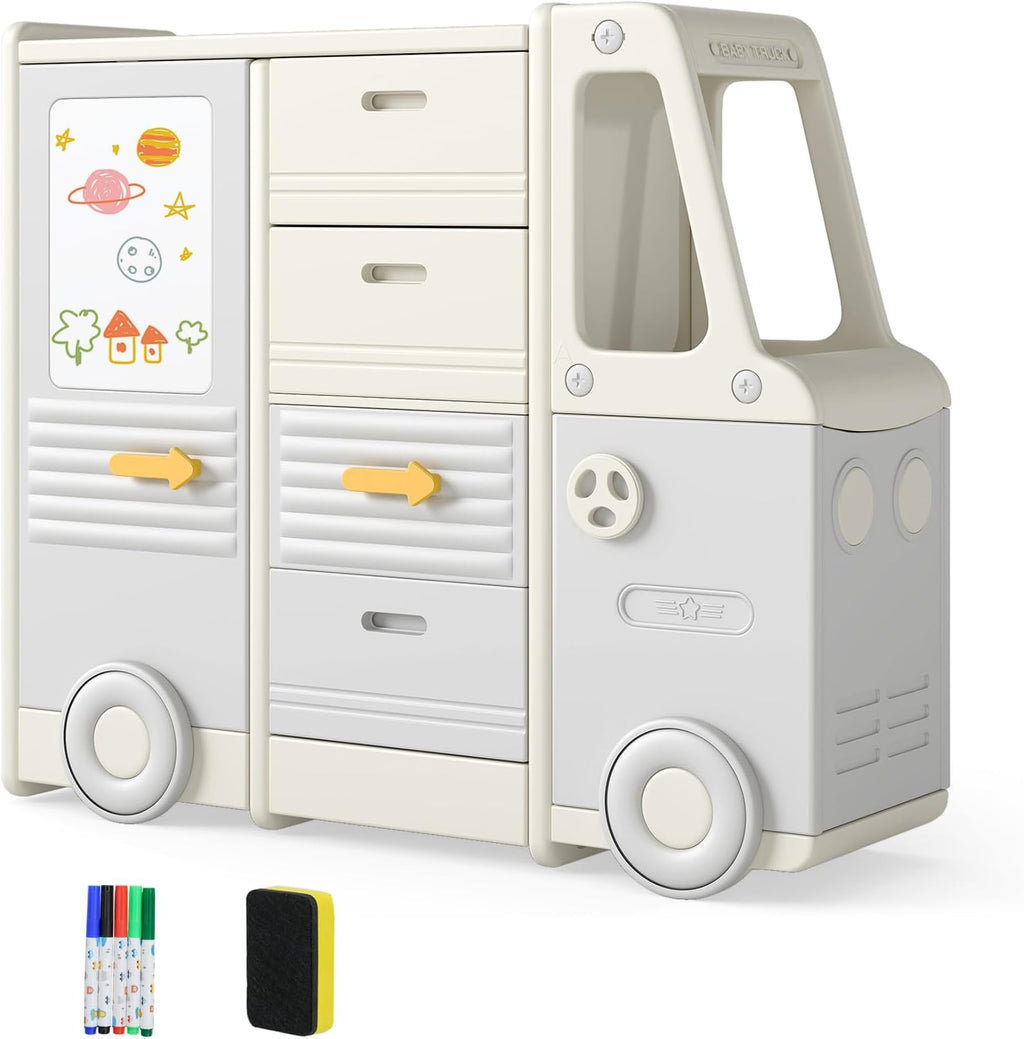 HONEY JOY Kids Toy Storage Organizer, Bus-Shaped Children Cabinet w/ 4 Pull-Out Drawers with Handles, Large & Small Cabinets, Spacious Countertop, Storage Organizer for Playroom, Classroom, Daycare