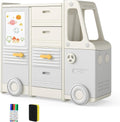 HONEY JOY Kids Toy Storage Organizer, Bus-Shaped Children Cabinet w/ 4 Pull-Out Drawers with Handles, Large & Small Cabinets, Spacious Countertop, Storage Organizer for Playroom, Classroom, Daycare