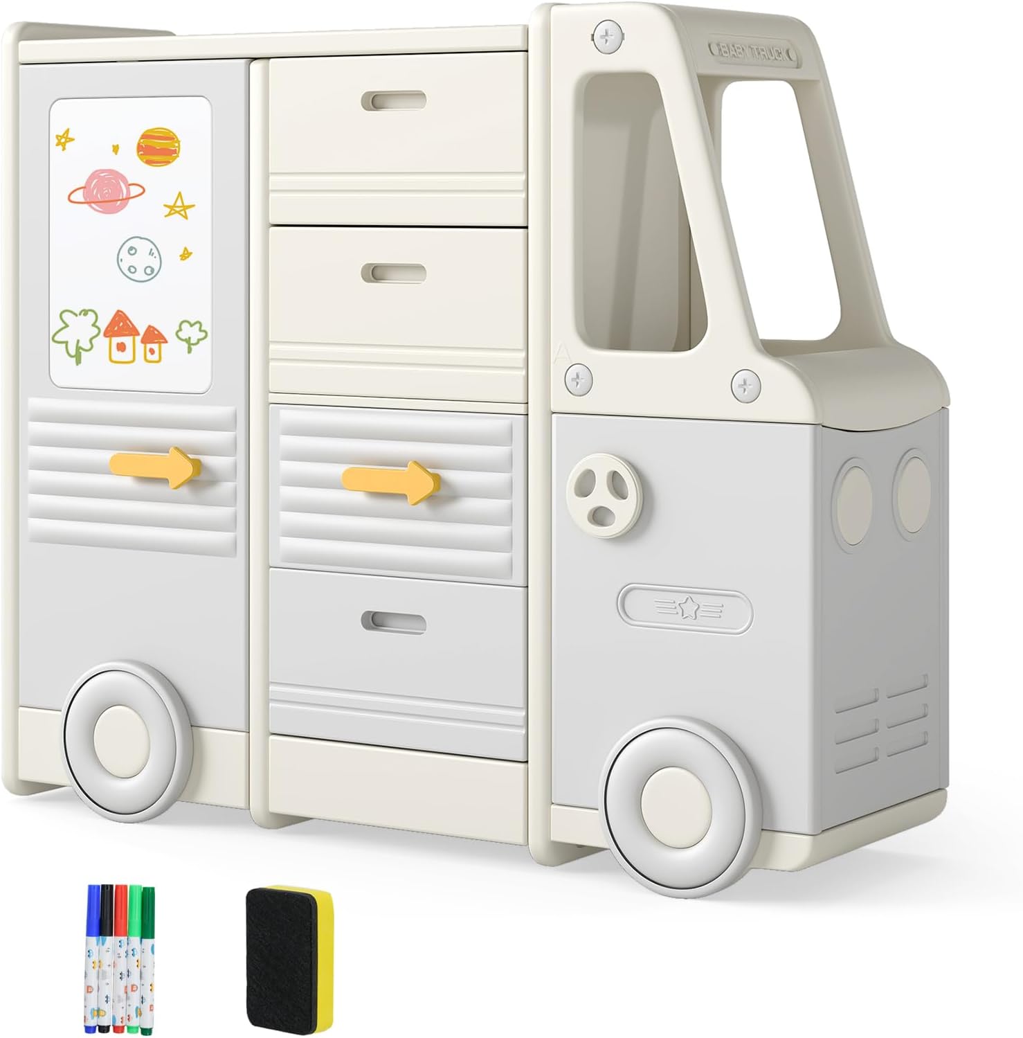 HONEY JOY Kids Toy Storage Organizer, Bus-Shaped Children Cabinet w/ 4 Pull-Out Drawers with Handles, Large & Small Cabinets, Spacious Countertop, Storage Organizer for Playroom, Classroom, Daycare
