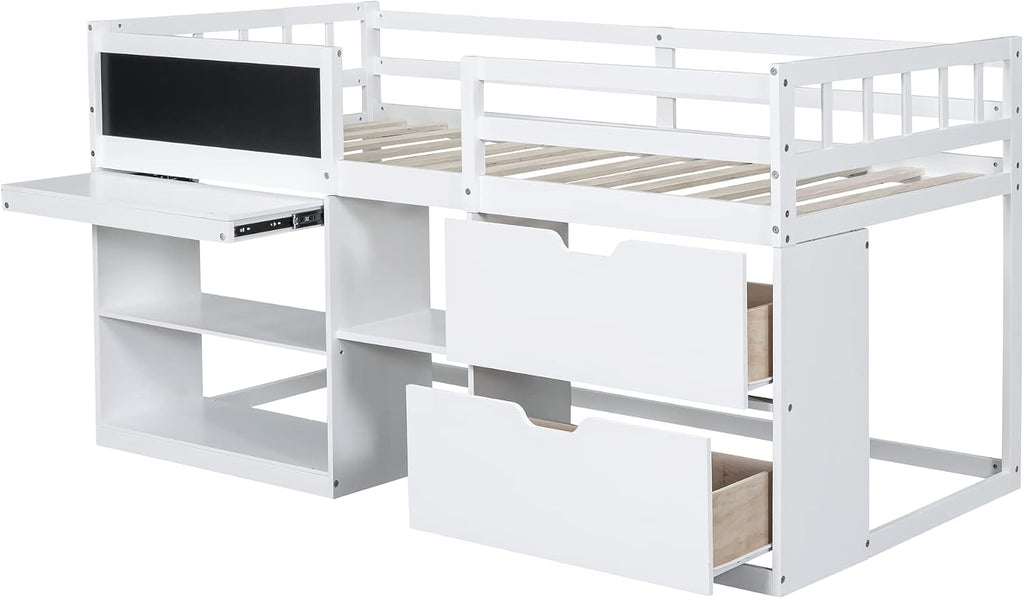 JIVOIT Wooden Low Loft Bed Frame with Rolling Desk, Two Drawers and Two-Tier Bookshelf, Twin Size Loft Bed with Blackboard, Full-Length Guardrail and Built-in Stair (White with Rolling Desk 013)