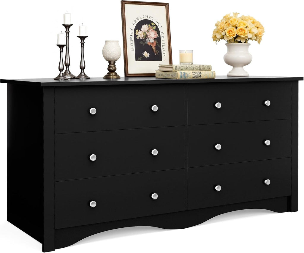 JUMMICO Black Dresser for Bedroom, 6 Wood Dresser Drawers, Wide Chest of Drawers, Storage Tower Unit, Modern Design for Bedroom, Living Room, Hallway, Entryway