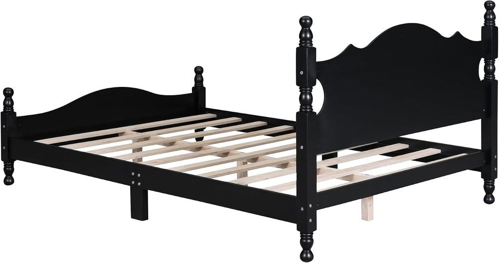 JIVOIT Retro Style Platform Bed with Headboard and Footboard, Full Size Wood Platform Bed Frame with Wooden Slat Support, Solid Wood Foundation, No Box Spring Required (Black,4,Full)