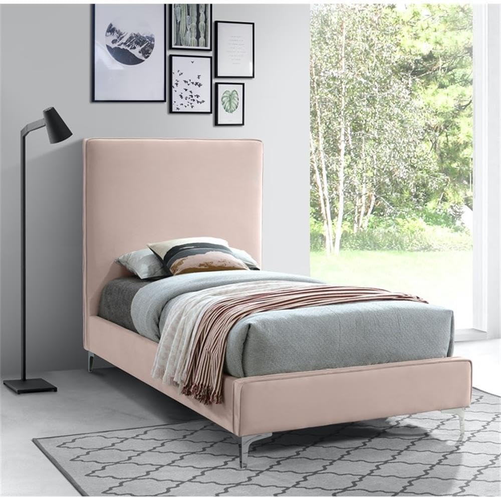 Meridian Furniture Geri Collection Modern | Contemporary Velvet Upholstered Bed with Piping on Headboard and Foorboard in Gold or Chrome Finish, Twin, Pink