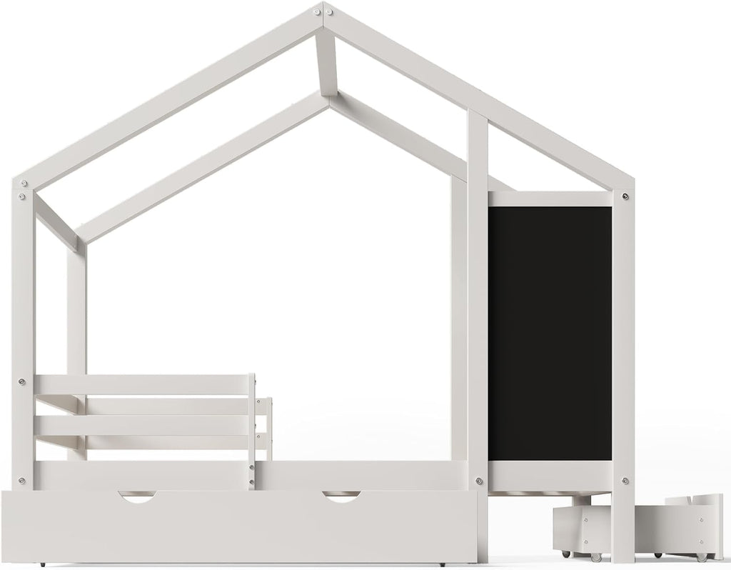 Kids Full House Bed Frame with Blackboard and Storage Drawers, Full-Length Guardrails & Wooden Slats Support,Two Assembly Options for Easy Fun Bedroom Setup for Kids Boys Girls (White, Full)