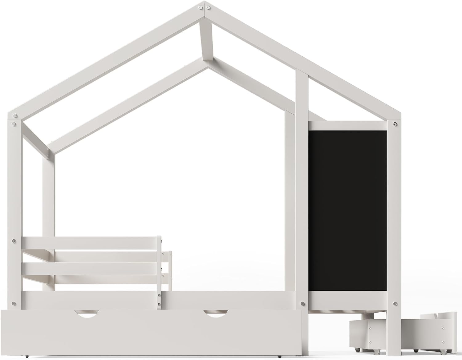 Kids Full House Bed Frame with Blackboard and Storage Drawers, Full-Length Guardrails & Wooden Slats Support,Two Assembly Options for Easy Fun Bedroom Setup for Kids Boys Girls (White, Full)