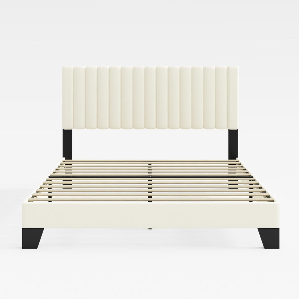Full Size Bed Frame, Velvet Upholstered Platform Bed with Adjustable Tufted Headboard, Sturdy Frame and Slats, No Noiseless, No Box Spring Required, Easy Assembly, Beige