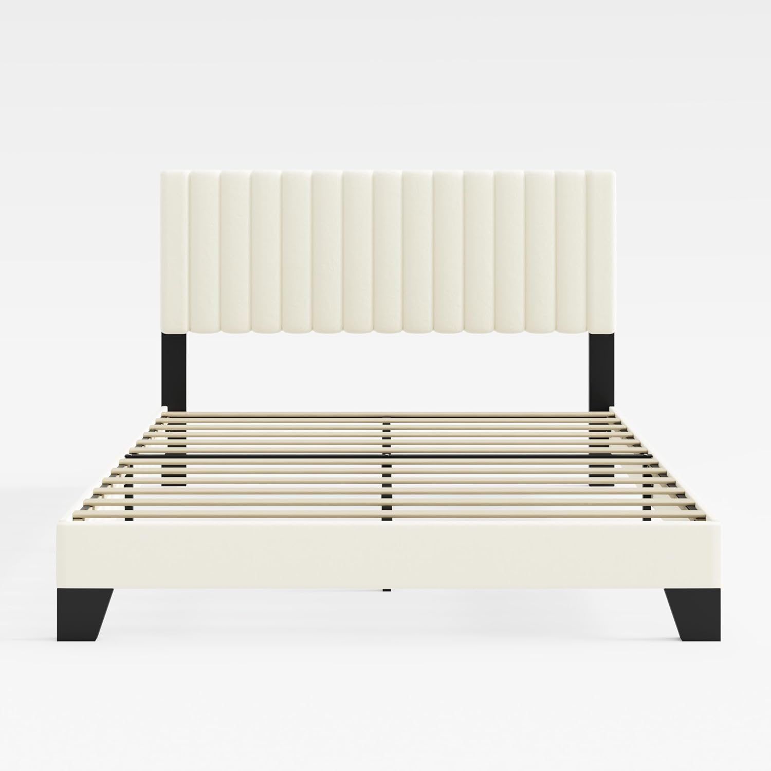 Full Size Bed Frame, Velvet Upholstered Platform Bed with Adjustable Tufted Headboard, Sturdy Frame and Slats, No Noiseless, No Box Spring Required, Easy Assembly, Beige
