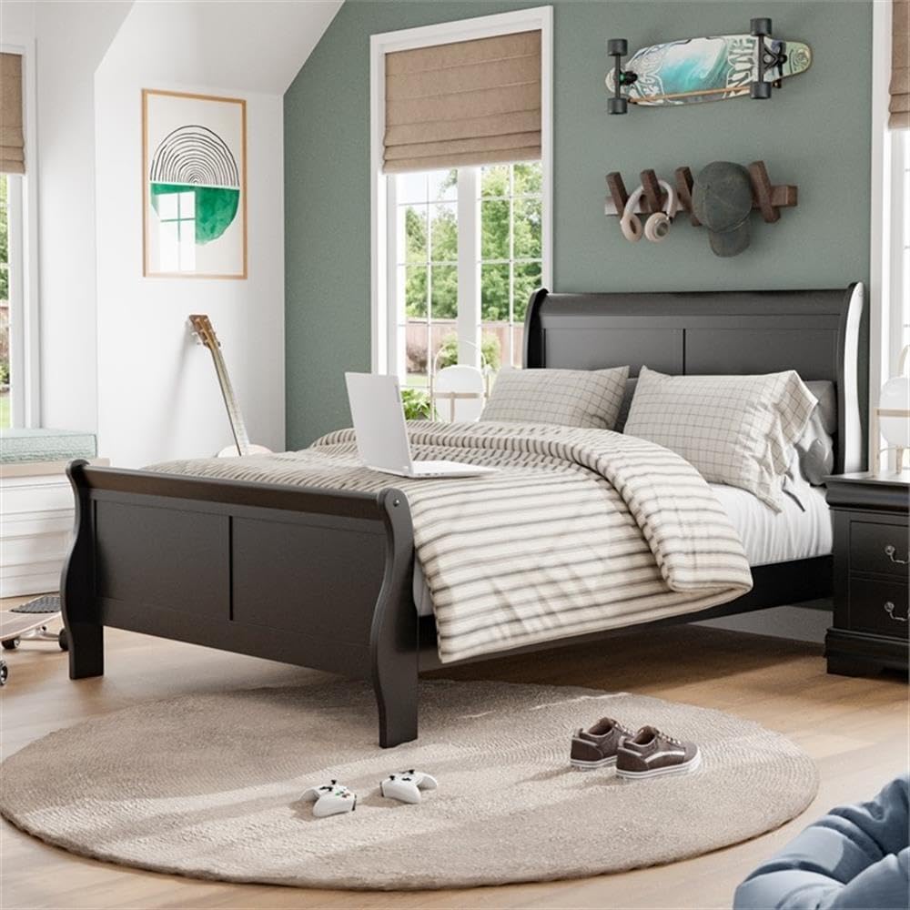 MAKLAINE Modern Transitional Solid Wood Panel Full Bed, Black Finish, Sleigh Design, 83.5' L x 56.25' W x 47.25' H, Curved Headboard and Footboard, Kids Bedroom Furniture, Box Spring Required