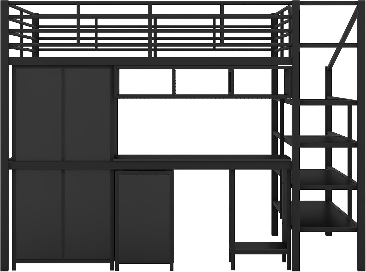 Full Size Loft Bed with Table Set, Wardrobe and Drawers, Metal Loft Bed Frame with Storage Staircase and Full-Length Guardrail for Kids Teens Boys Girls Adults Bedroom (Black-04)