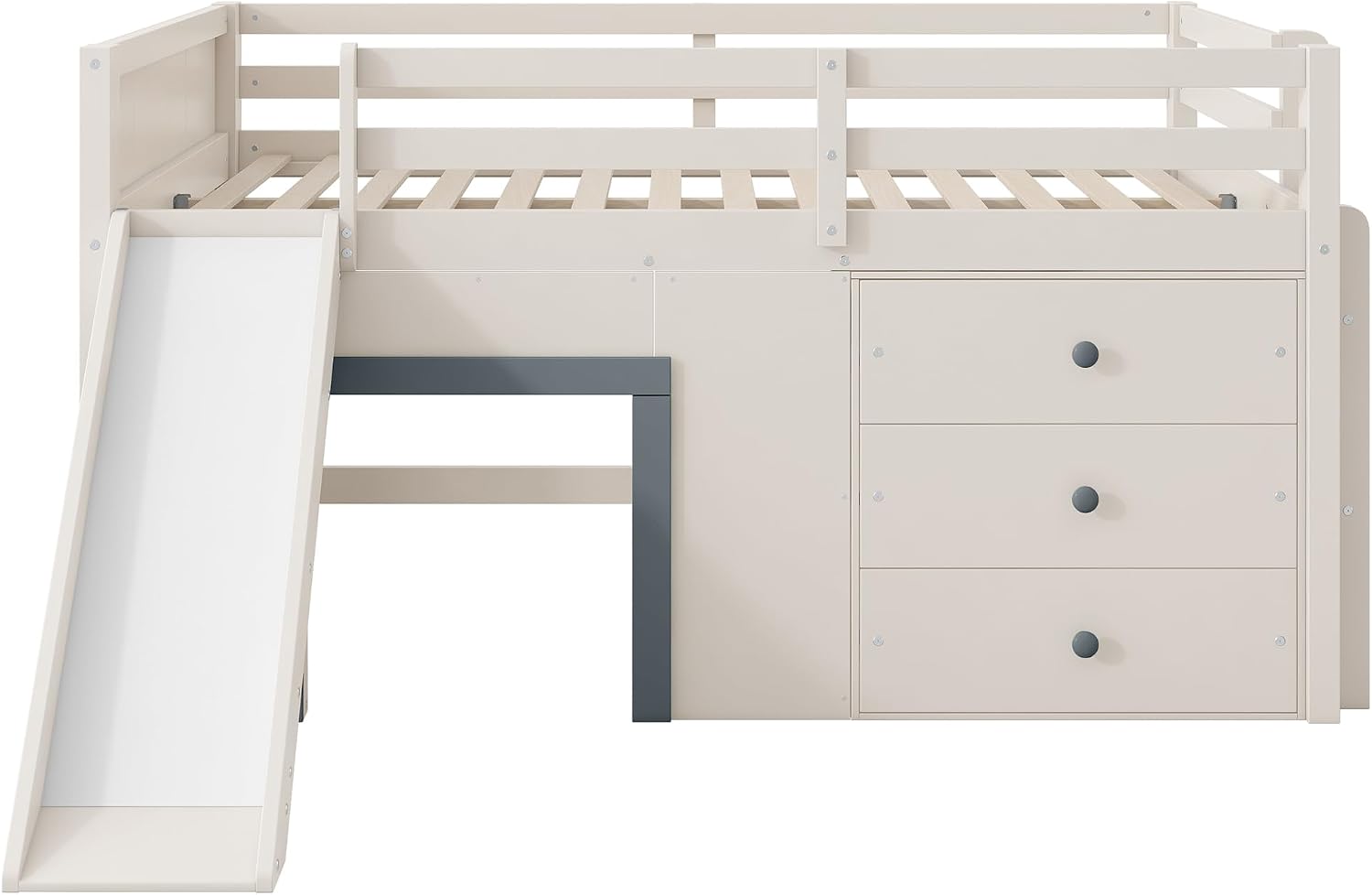 JIVOIT Wooden Low Loft Bed with Slide, Full Size Loft Bed with Three Storage Drawers and Two Doors, Wood Slat Support, No Box Spring Required