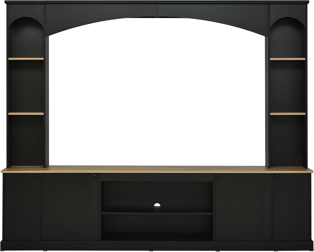 Farmhouse Entertainment Center with Bookshelves, Modern 4-Piece Wall Unit TV Stand Set for TVs up to 70', Elegant Arched Media Console Unit with Adjustable Shelves for Living Room, Black