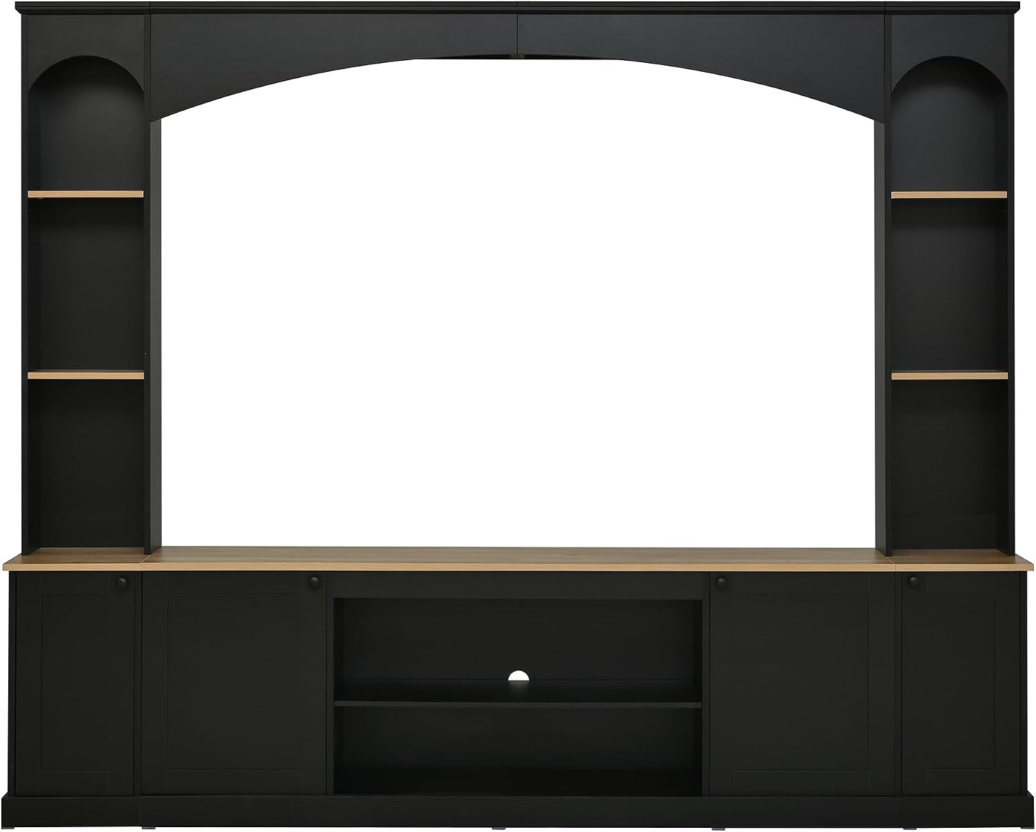 Farmhouse Entertainment Center with Bookshelves, Modern 4-Piece Wall Unit TV Stand Set for TVs up to 70', Elegant Arched Media Console Unit with Adjustable Shelves for Living Room, Black