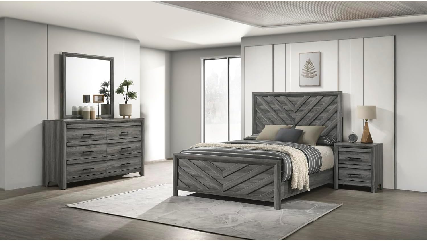 Denver Modern Style 4 Pc Full Bedroom Set - Gray Wood Contemporary 4-Piece Bedroom Furniture Set