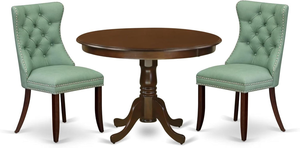 East West Furniture HLDA3-MAH-22 3 Piece Kitchen Table & Chairs Set Includes a Round Dining Table with Pedestal and 2 Polyester Fabric Upholstered Chairs, 42x42 Inch, Mahogany