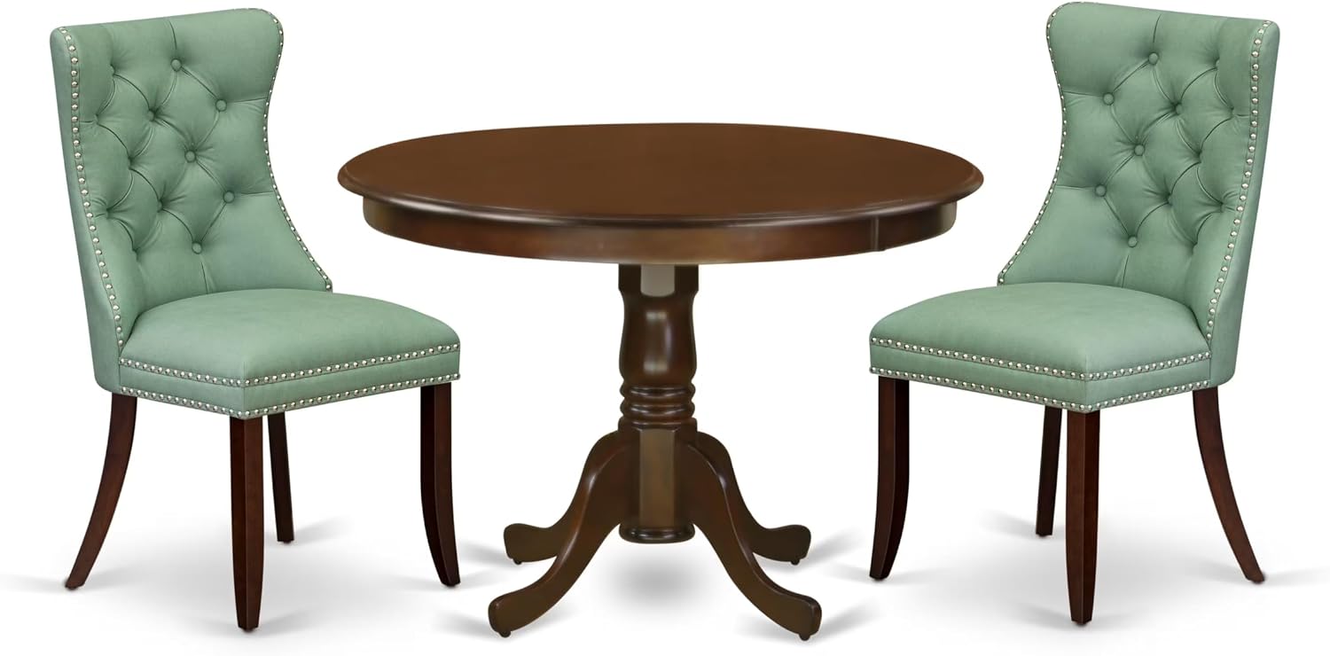 East West Furniture HLDA3-MAH-22 3 Piece Kitchen Table & Chairs Set Includes a Round Dining Table with Pedestal and 2 Polyester Fabric Upholstered Chairs, 42x42 Inch, Mahogany