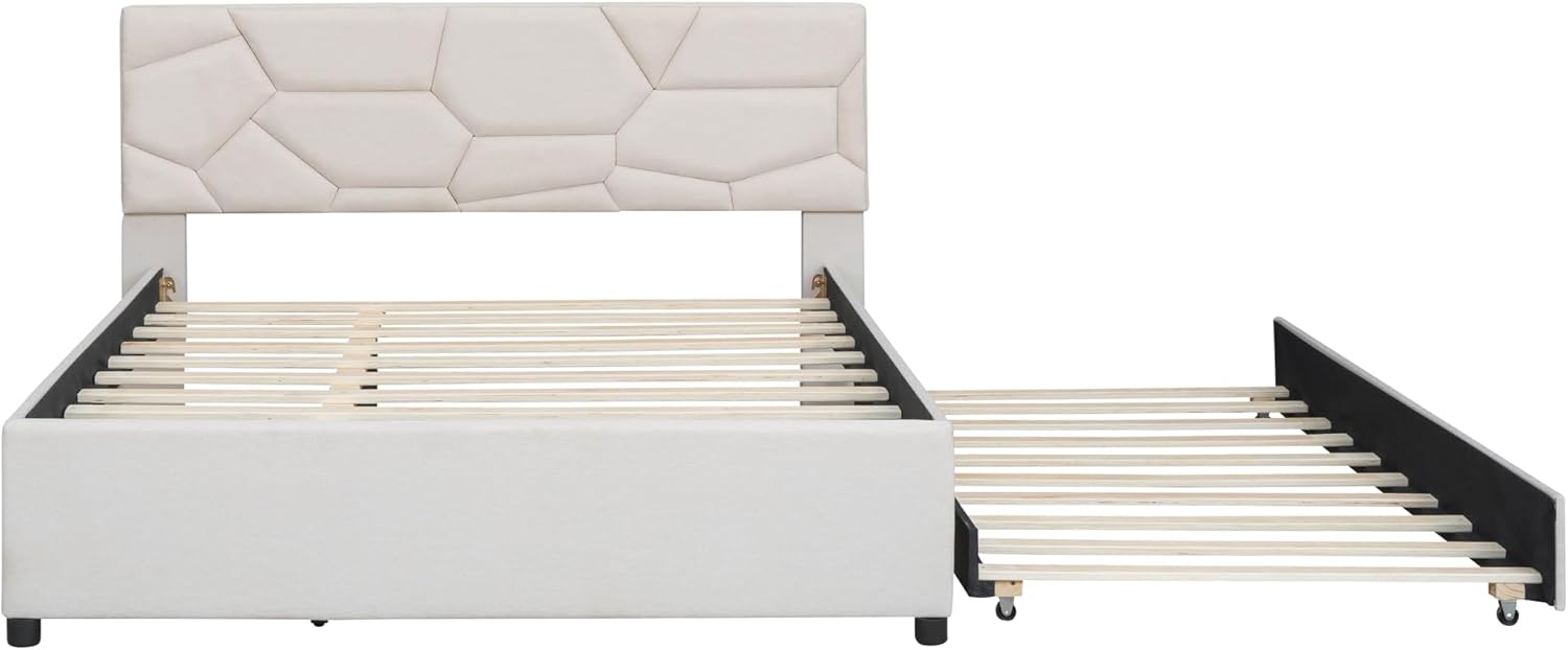 Queen Size Upholstered Platform Bed Frame with Twin XL Size Trundle,Brick Pattern Headboard and Solid Wood Bedframe,Linen Fabric for Kids,Teen,Adult