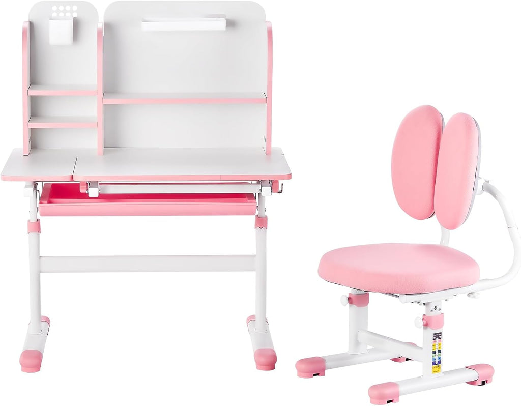 VEVOR Kids Study Chair and Desk Set, Study Desk and Chair for Kids with Bookshelf & Storage Drawer, Adjustable Height & 0-40° Tilted Desktop Desk and Chair, Study Table for Bedroom & Study Room, Pink