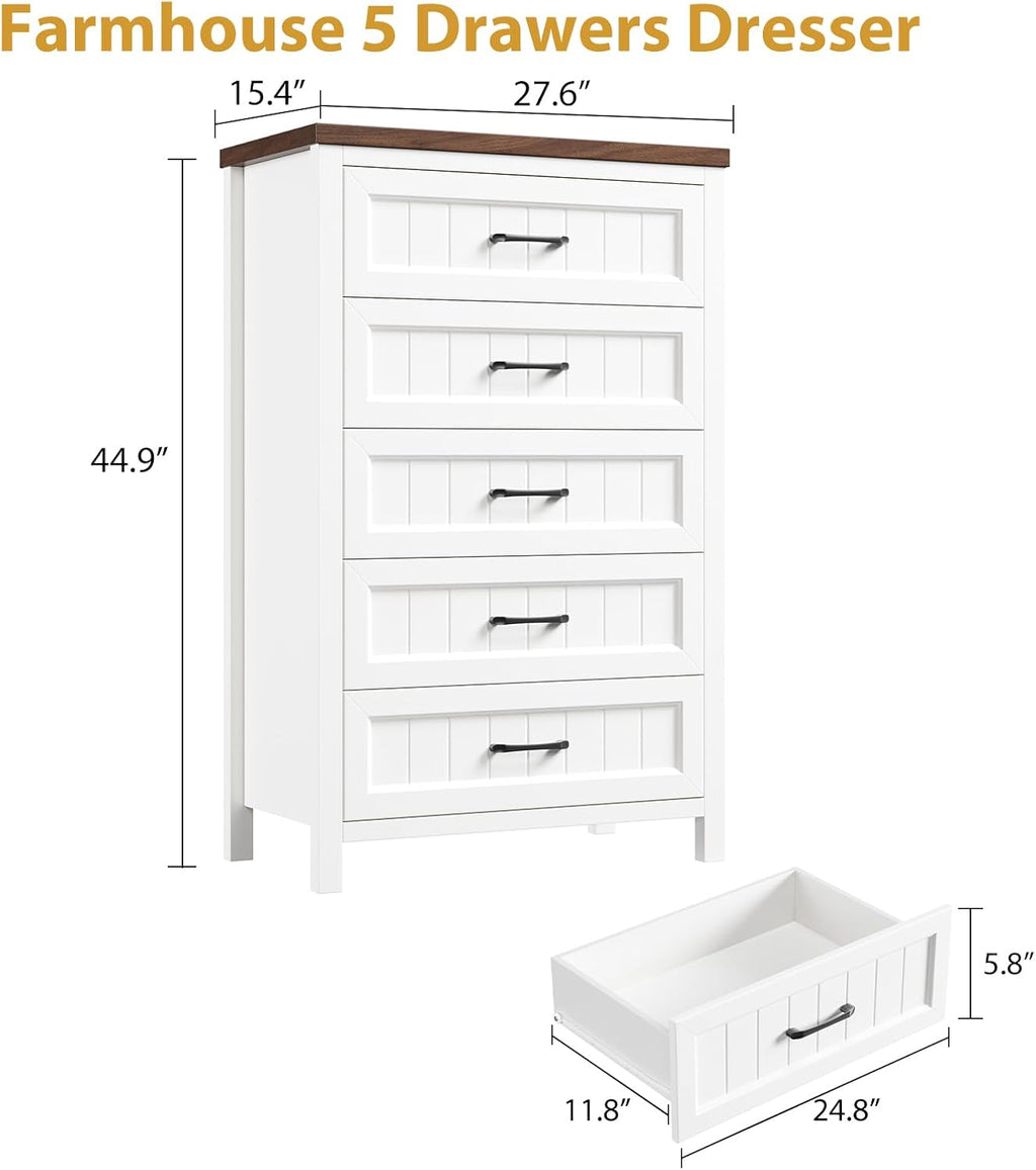 Jocoevol 5 Drawer Dresser for Bedroom - Farmhouse 44.9' Tall Chest of Dresser with Large Storage, Rubst Wood Construction for Living Room, Hallway & Entryway - White (White & Brown)
