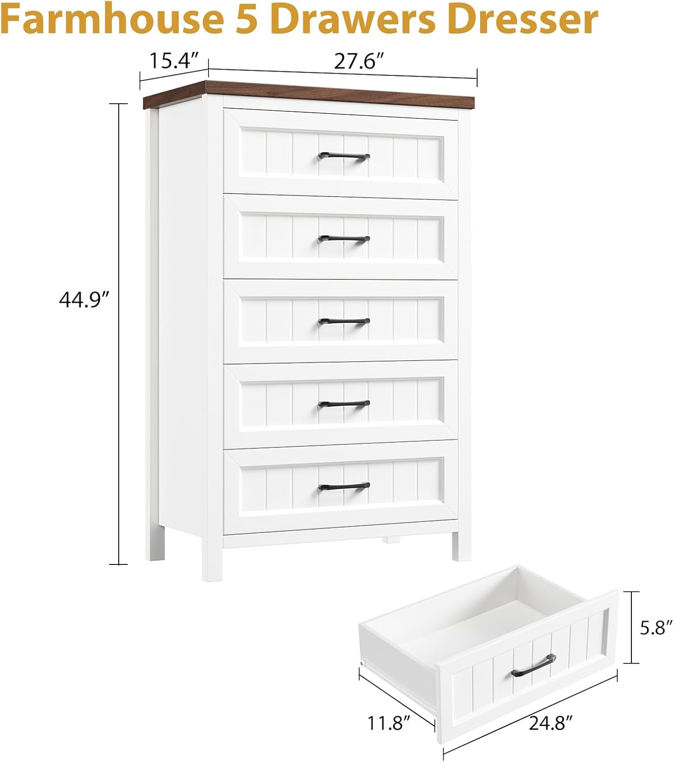 Jocoevol 5 Drawer Dresser for Bedroom - Farmhouse 44.9' Tall Chest of Dresser with Large Storage, Rubst Wood Construction for Living Room, Hallway & Entryway - White (White & Brown)