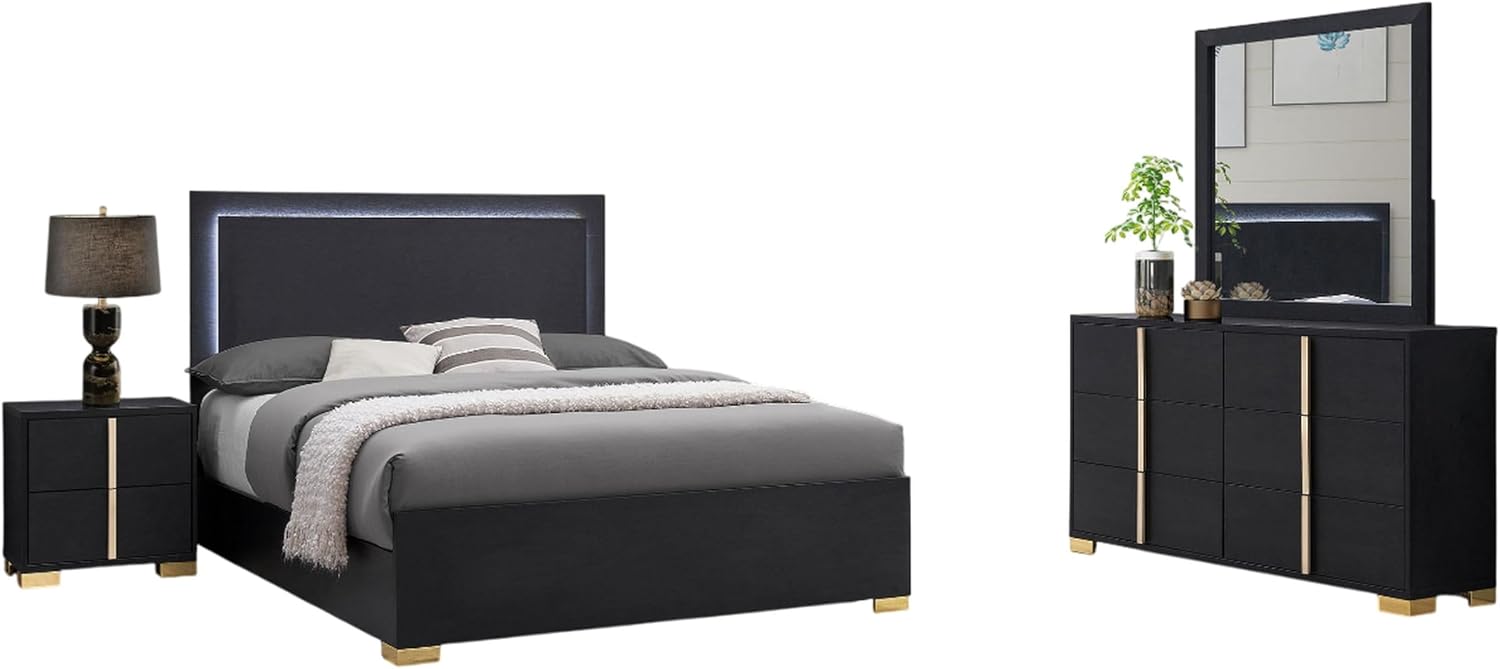 Benjara Dex 4 Piece Full Bedroom Set- Black/Gold Accents- LED Headboard