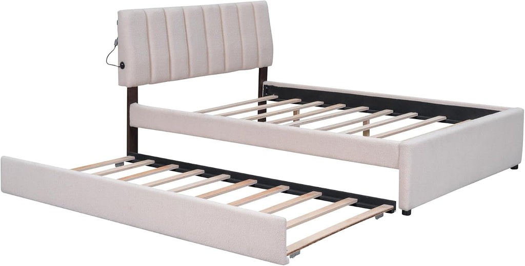 Teddy Fleece Full Size Upholstered Platform Bed Frame for Boys Girls Kids Adults Toddler with Trundle, Beige