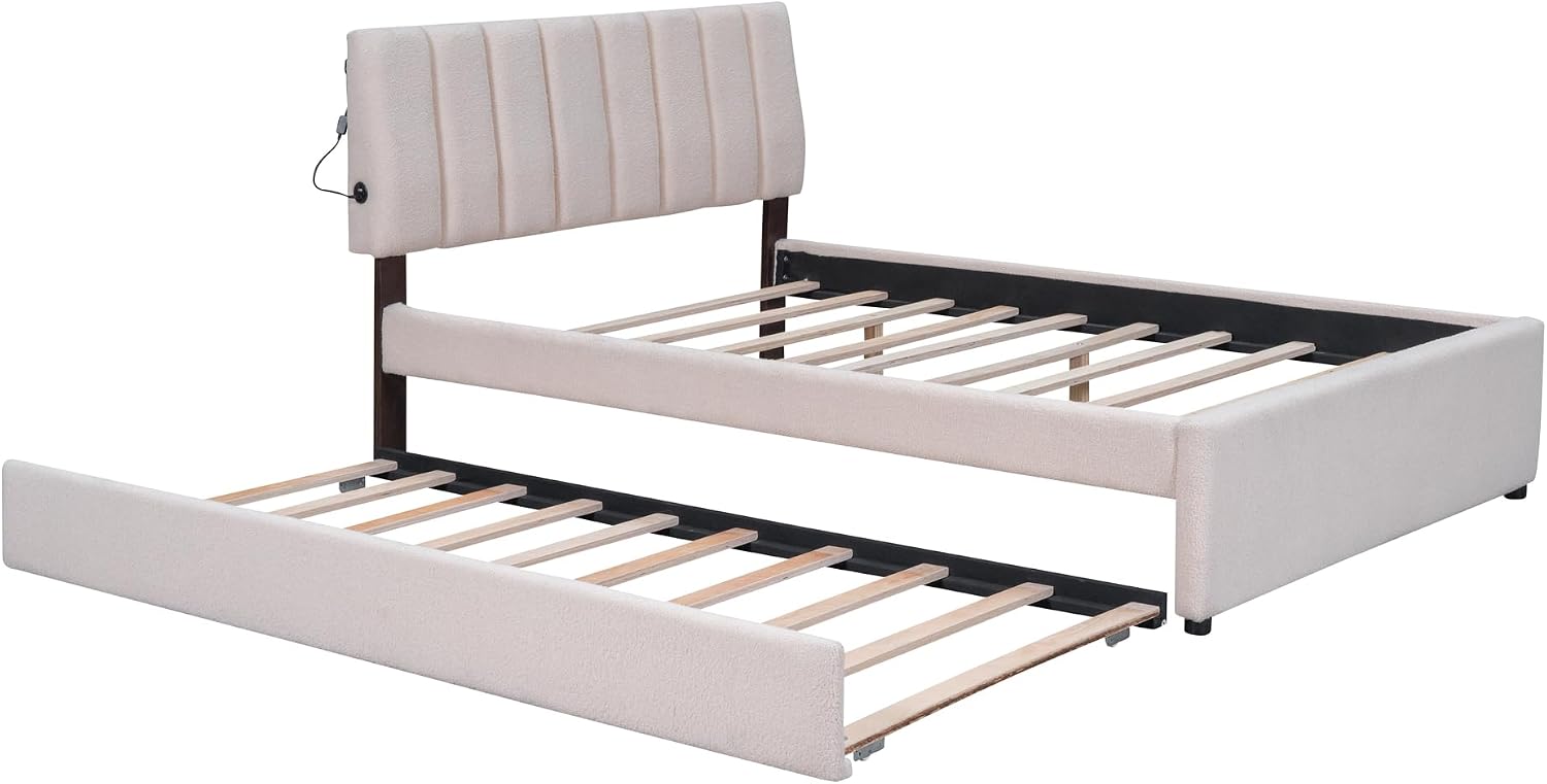 Teddy Fleece Full Size Upholstered Platform Bed Frame for Boys Girls Kids Adults Toddler with Trundle, Beige
