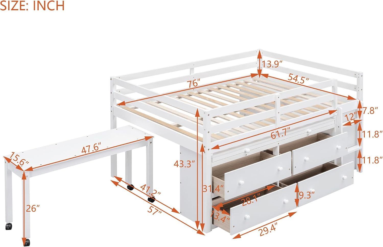 JIVOIT Full Size Low Loft Bed with Retractable Writing Desk, Storage Bed with 4 Drawers and Shelves, Wooden Loft Bed with Lateral Portable Desk for Kids Teens Adults Bedroom (White,Full,9)