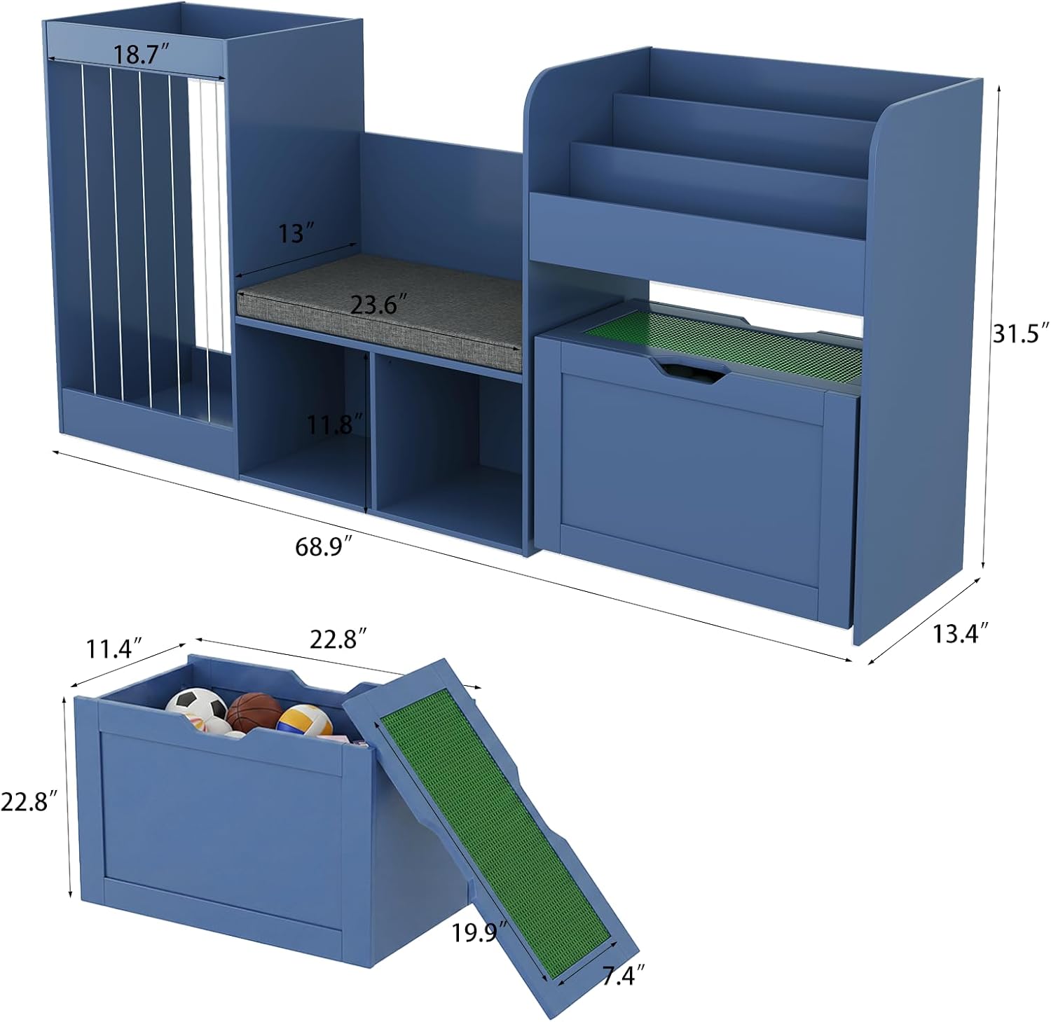 68.9'W Reading Nook, Kids Bookshelf, Toy Storage Organizer, Removable Building Baseplate Lid for Lego, Rolling Drawers, Stuffed Animal Storage, Bench and Removable Cushions for Playroom(Blue)