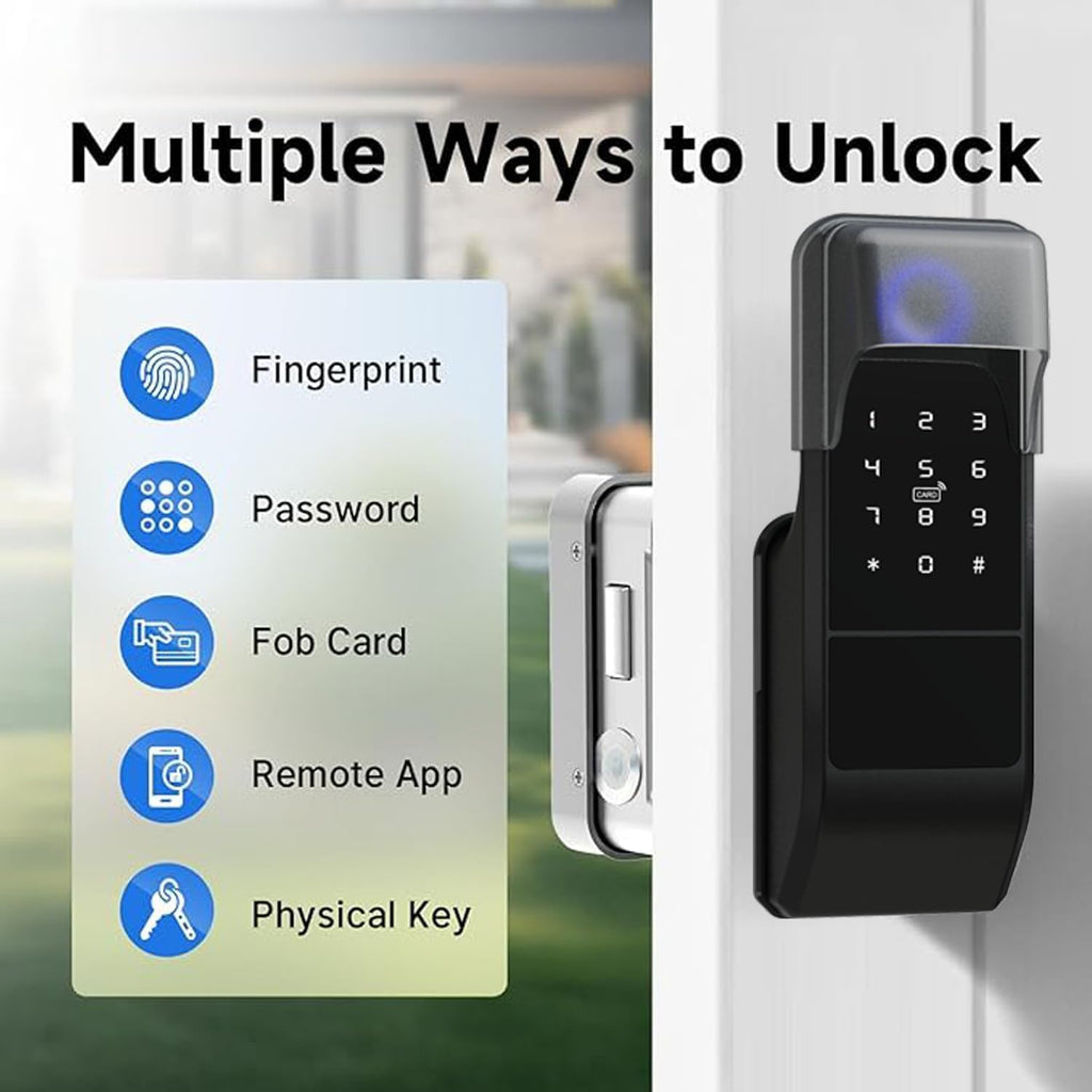 Smart Latch Double Side Gate Lock, Keyless Fingerprint Rim Lock with Keypad, Password & IC Card - Waterproof Electronic Digital Door Deadbolt for Outdoor Fence (Black Waterproof)