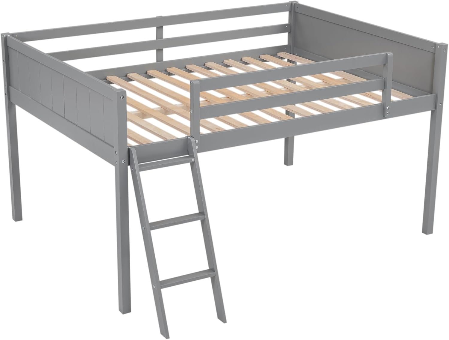 Full Size Loft Bed, Wood Loft Bed with Convertible Ladder, Ladder can be Placed on the Left or Right, Low Loft Bed with Full-Length Guardrails, No Box Spring Required (Gray,Full & Convertible Ladder)