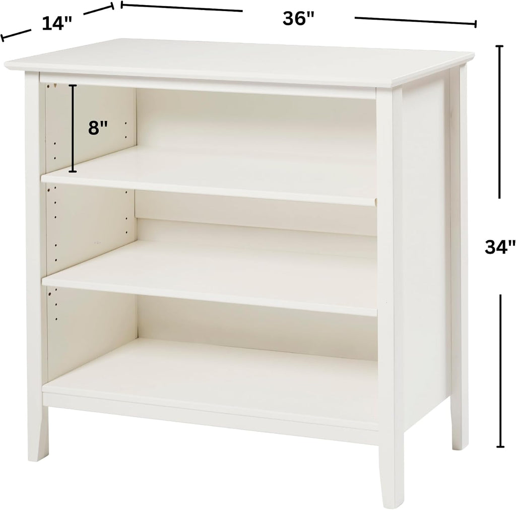 Simplicity Transitional Children's Under Window Bookshelf in White, Anti-tipping Hardware, Durable Brazilian Pine & Pine Veneer, Adjustable Shelves, Safety Standards, Modern
