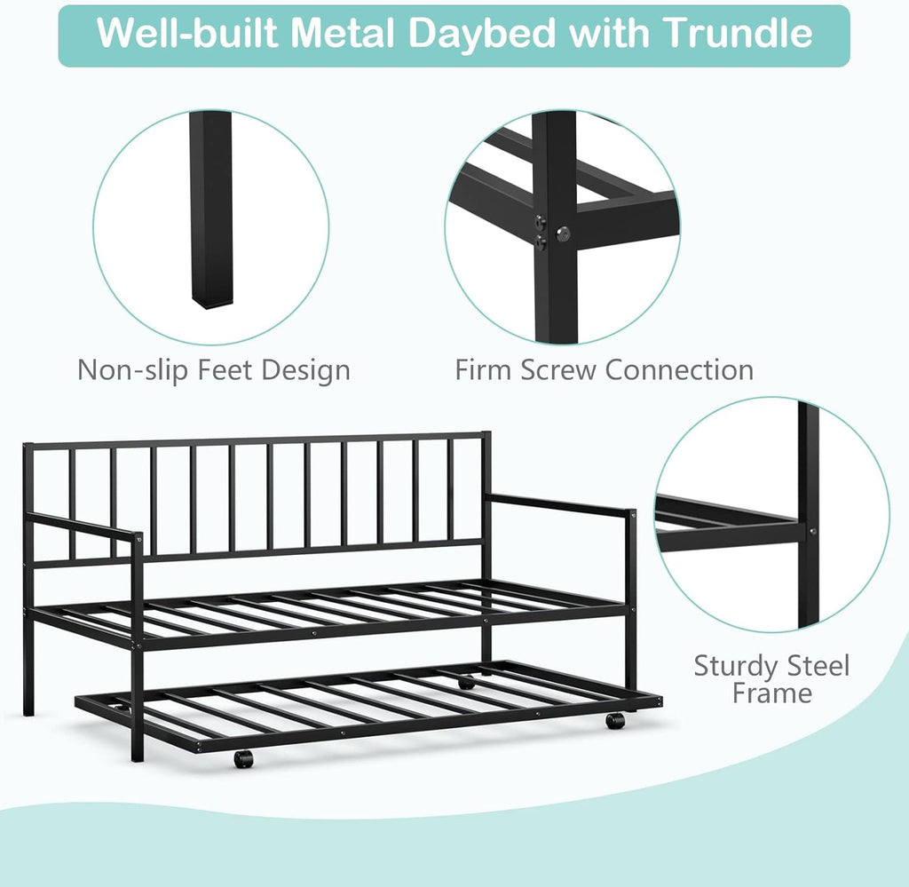 COSTWAY Twin Size Daybed and Trundle, Metal Frame Daybed and Roll Out Trundle w/Steel Slat Support & 4 Lockable Casters, Heavy-Duty Daybed for Guest Room, Bedroom (Black)