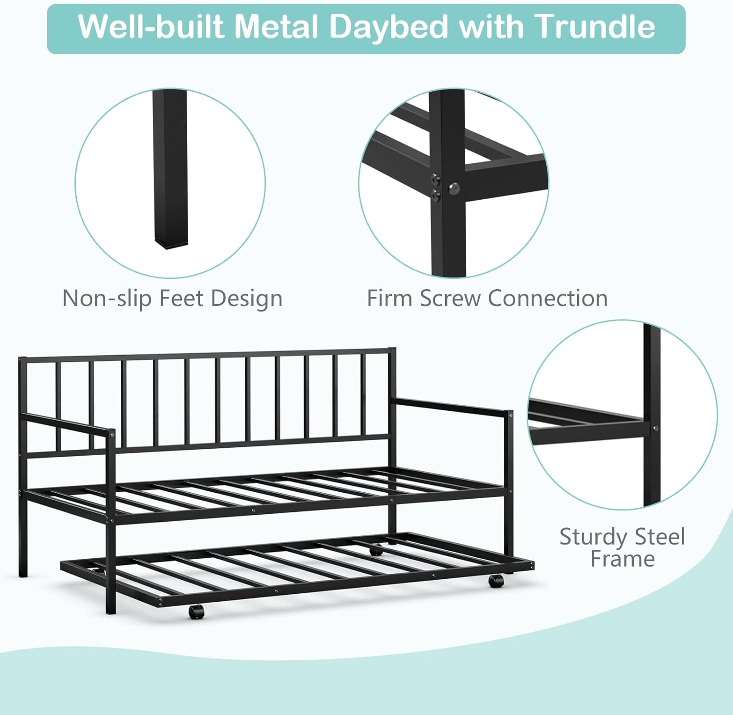 COSTWAY Twin Size Daybed and Trundle, Metal Frame Daybed and Roll Out Trundle w/Steel Slat Support & 4 Lockable Casters, Heavy-Duty Daybed for Guest Room, Bedroom (Black)
