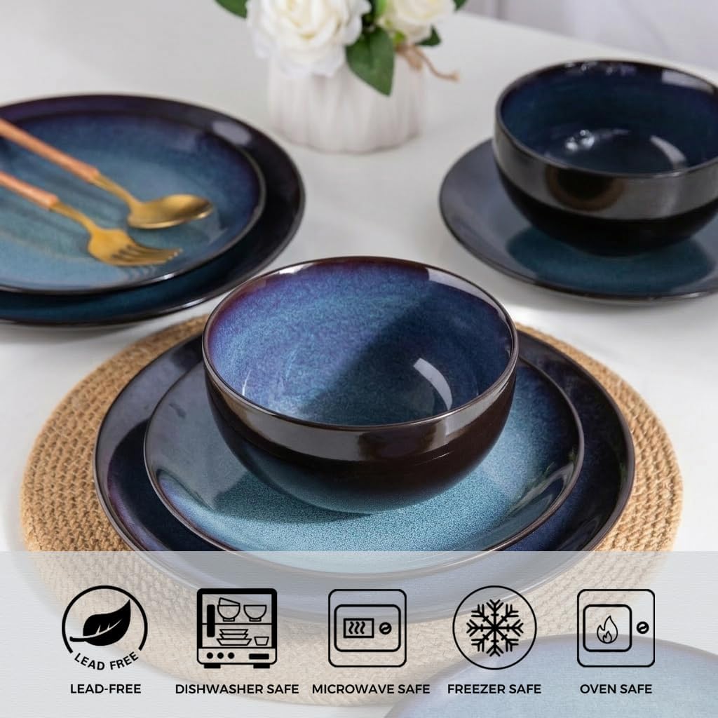 LERATIO Ceramic Dinnerware Sets for 8,Stoneware Plates and Bowls Sets,Handmade Reactive Glaze Dishes Set,Chip Resistant and Scratch Resistant | Oven&Dishwasher & Microwave Safe-Blue(24PCS)