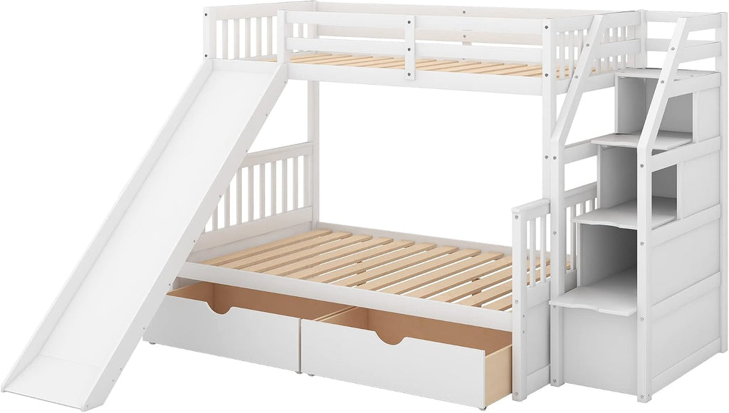 SOFTSEA Twin Over Full Bunk Bed with Staircase and Slide Storage Solid Wood Bunk Beds with Storage Drawers for Kids, No Box Spring Needed