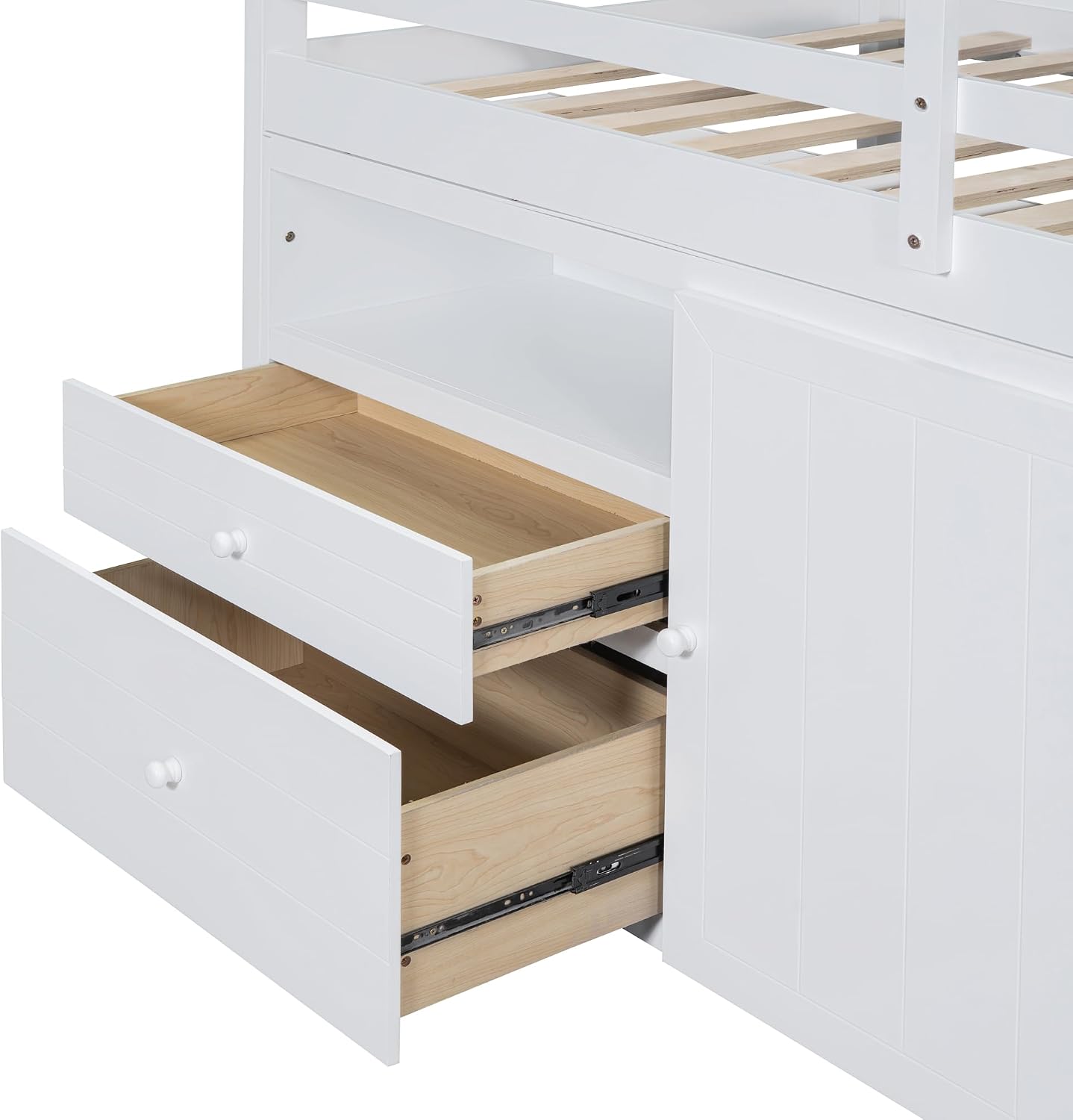 JIVOIT Twin Size Loft Bed with 4 Drawers, Underneath Cabinet and Shelves, Muti-Functional Loft Bed with Full-Length Guardrails and Ladder, Space-Saving Low Loft Bed for Kids Teens (White & 4 Drawers)