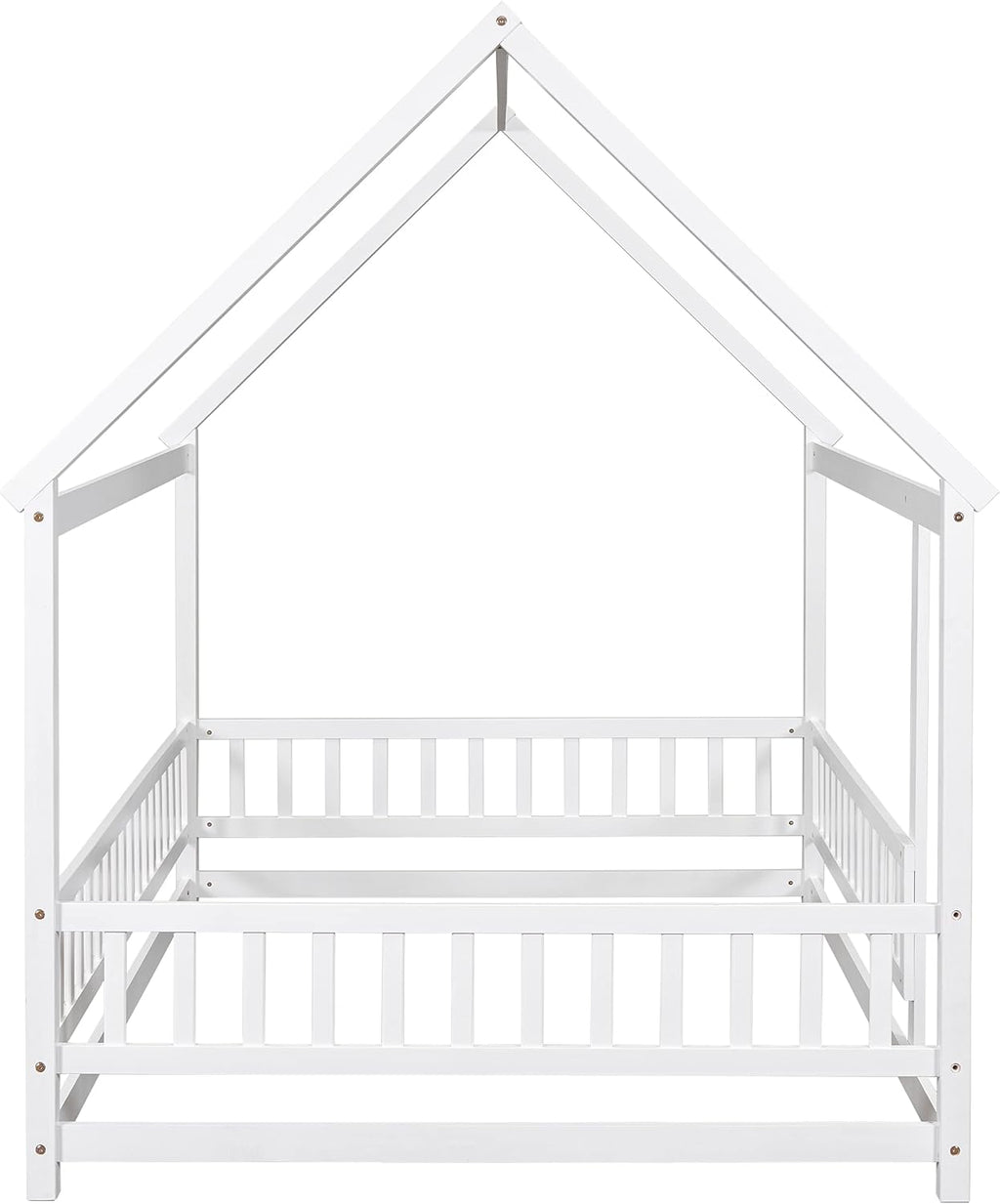 Bellemave Full Size House Floor Bed,Wooden Montessori Bed with Fence and Roof for Kids,Playhouse Full Bed Frame for Girls,Boys(Full,White)