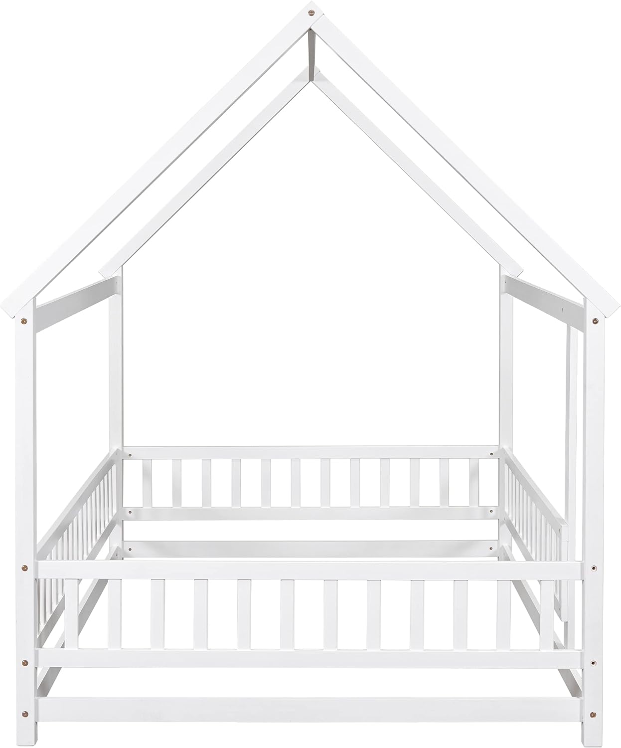 Bellemave Full Size House Floor Bed,Wooden Montessori Bed with Fence and Roof for Kids,Playhouse Full Bed Frame for Girls,Boys(Full,White)