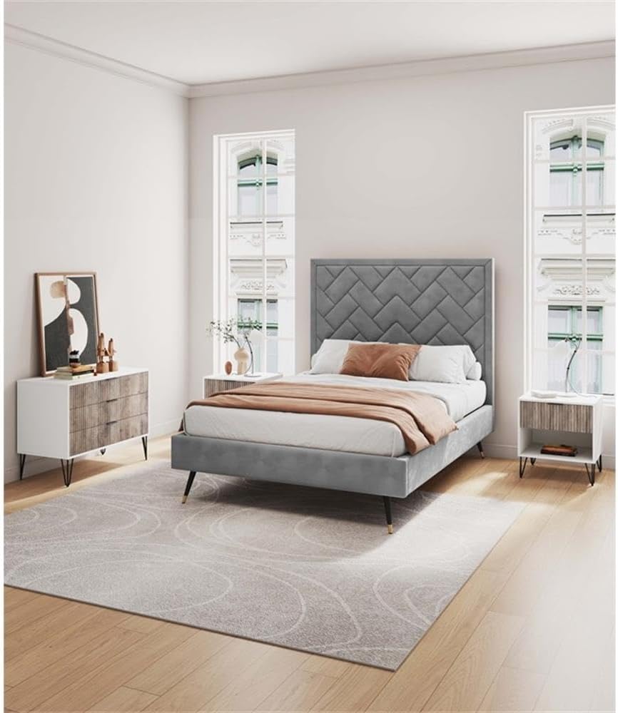 Pemberly Row 2-Piece Bedroom Storage Set, 3-Drawer Dresser 35.19' L & Nightstand 20.07' L, MDF Engineered Wood, Multi-Color Finish, Vertical Ribbed Texture, Black Metal Legs, Modern Glam Style