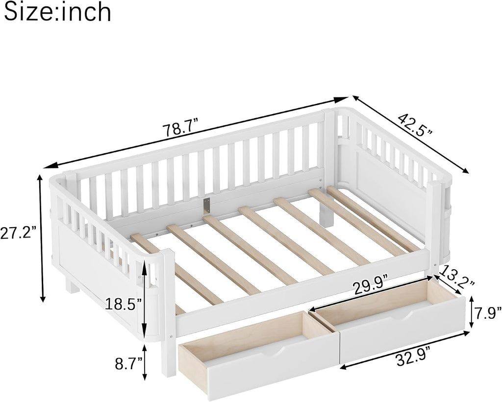 Harper & Bright Designs Twin Size Low Platform Bed Frame, Daybed with Fence and Drawers, Low Profile Bed for Bed Room, White