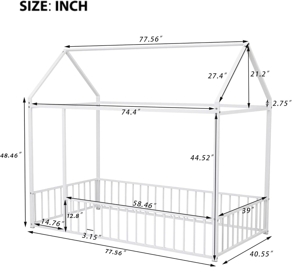 Bellemave Twin Floor Bed Frame, Metal Montessori Floor Bed Twin with Fence for Boys Girls Bedroom Playhouse for Kids No Slat, Easy Assembly House Shaped Floor Beds White
