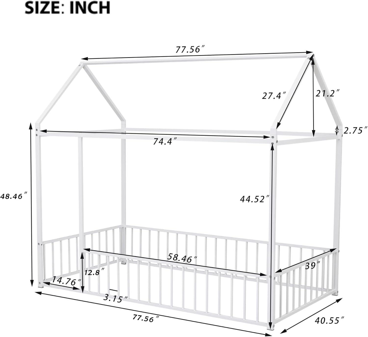 Bellemave Twin Floor Bed Frame, Metal Montessori Floor Bed Twin with Fence for Boys Girls Bedroom Playhouse for Kids No Slat, Easy Assembly House Shaped Floor Beds White