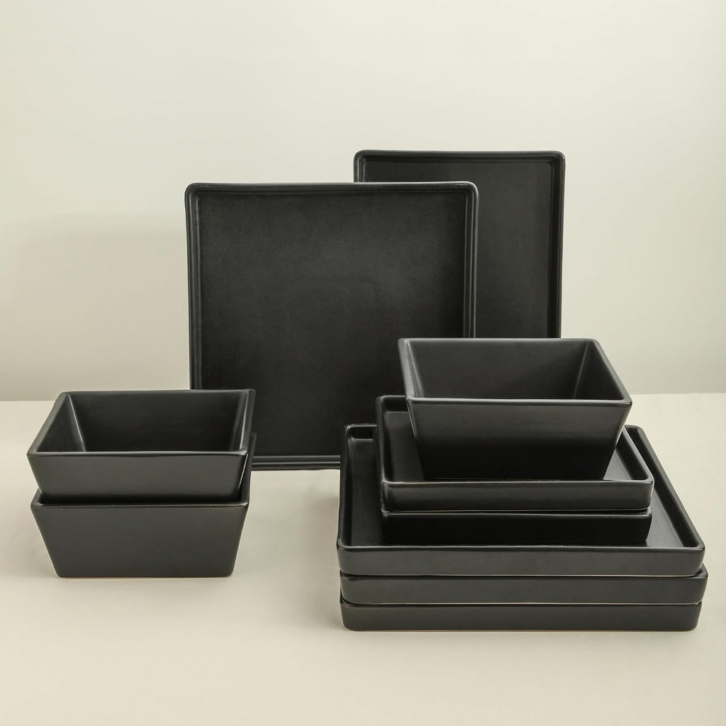 Stone Lain Grace Square Stoneware Dinnerware Set, 24 Piece Service For 8, Plates and Bowls Dish Set, Black
