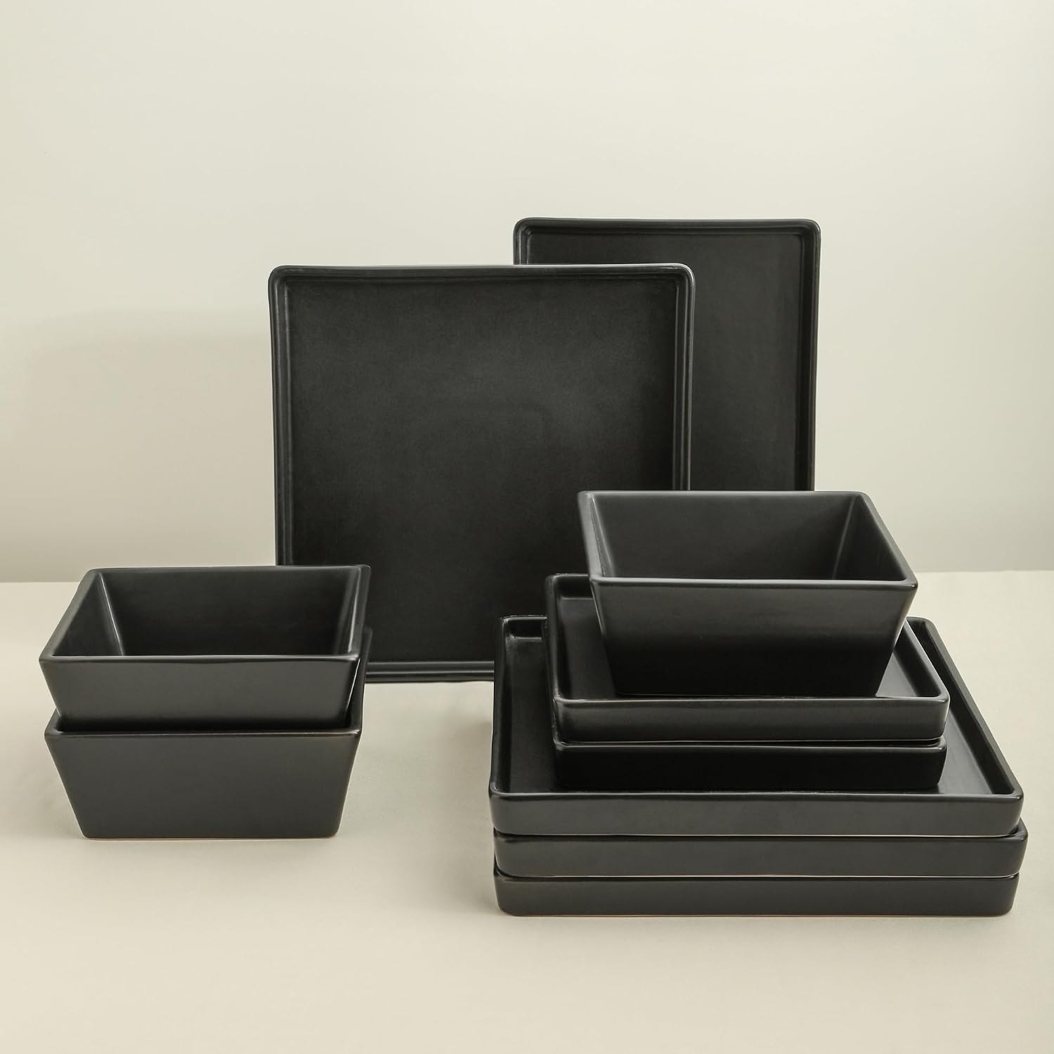Stone Lain Grace Square Stoneware Dinnerware Set, 24 Piece Service For 8, Plates and Bowls Dish Set, Black