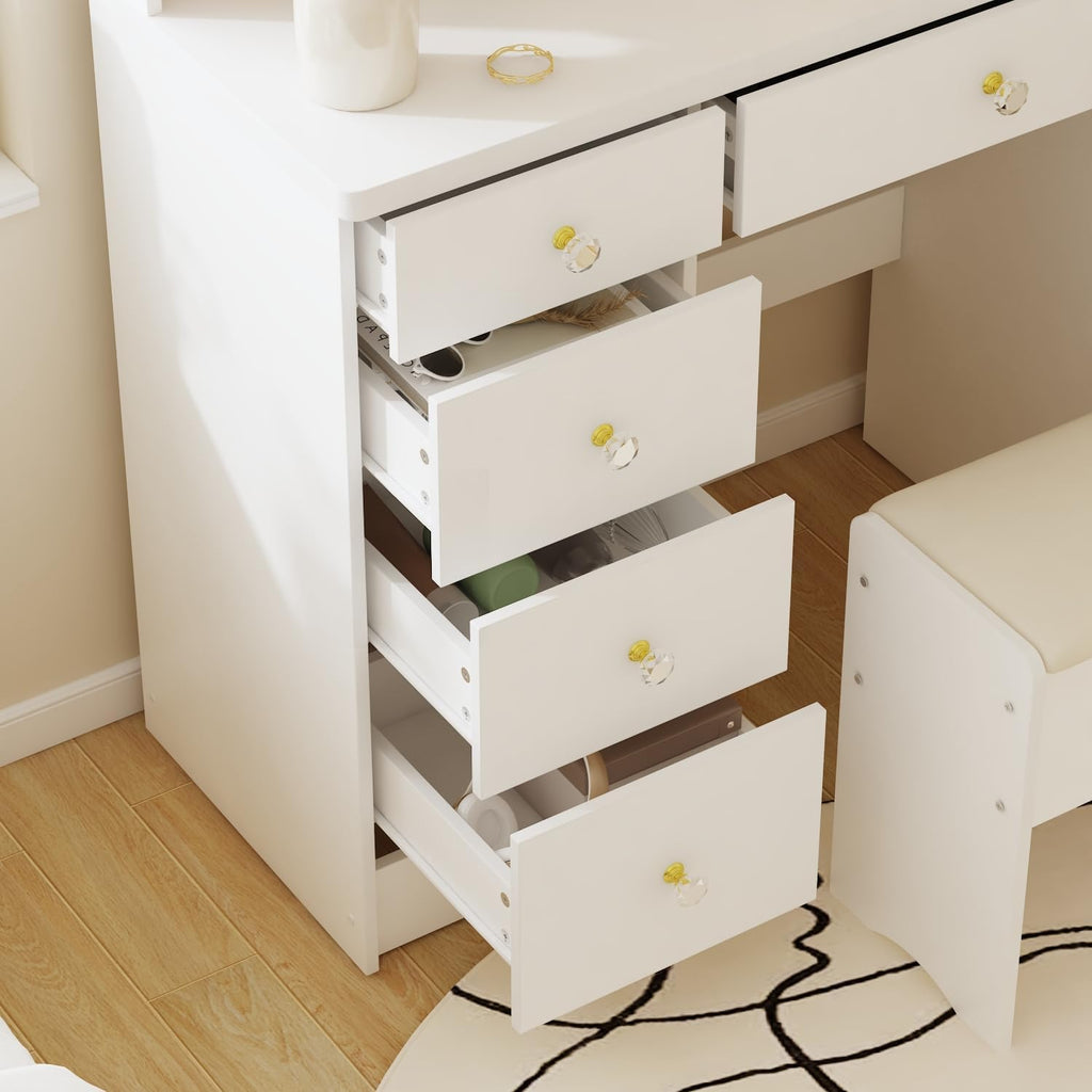 Vanity Desk Set with Lighted Mirror, Makeup Vanity with 5 Drawer & Shelf, Dressing Table with Touch Screen Light & Jewelry Organizer for Bedroom, White (Lighted Mirror)