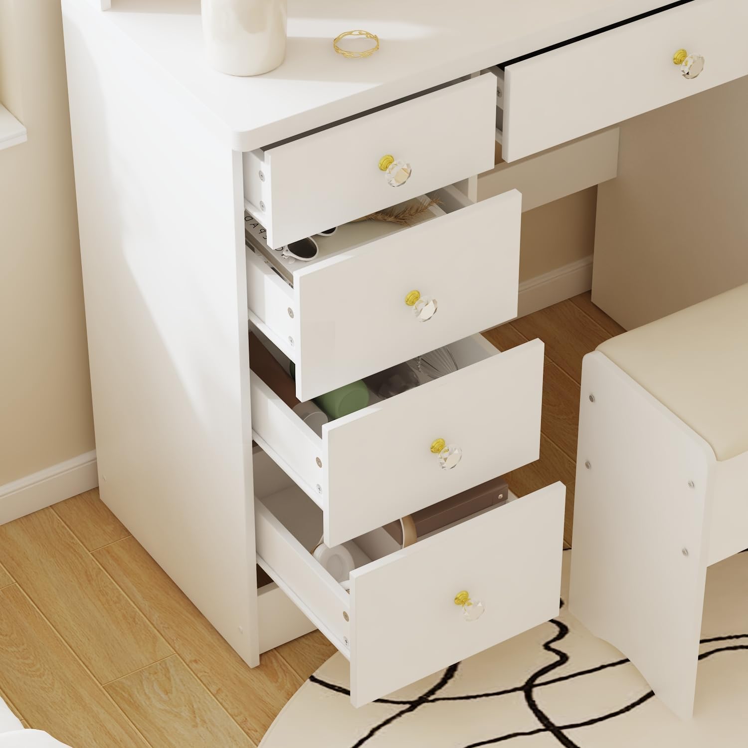 Vanity Desk Set with Lighted Mirror, Makeup Vanity with 5 Drawer & Shelf, Dressing Table with Touch Screen Light & Jewelry Organizer for Bedroom, White (Lighted Mirror)