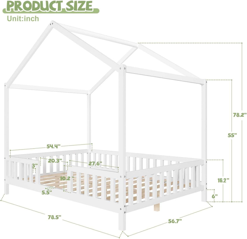 Cute Montessori Bed Frame Full Size with Canopy, Low Profile House Shape Bed with Safety Railing & Wood Slat Support, Kids Playhouse Bedframes for Boys Girls (White, Full)